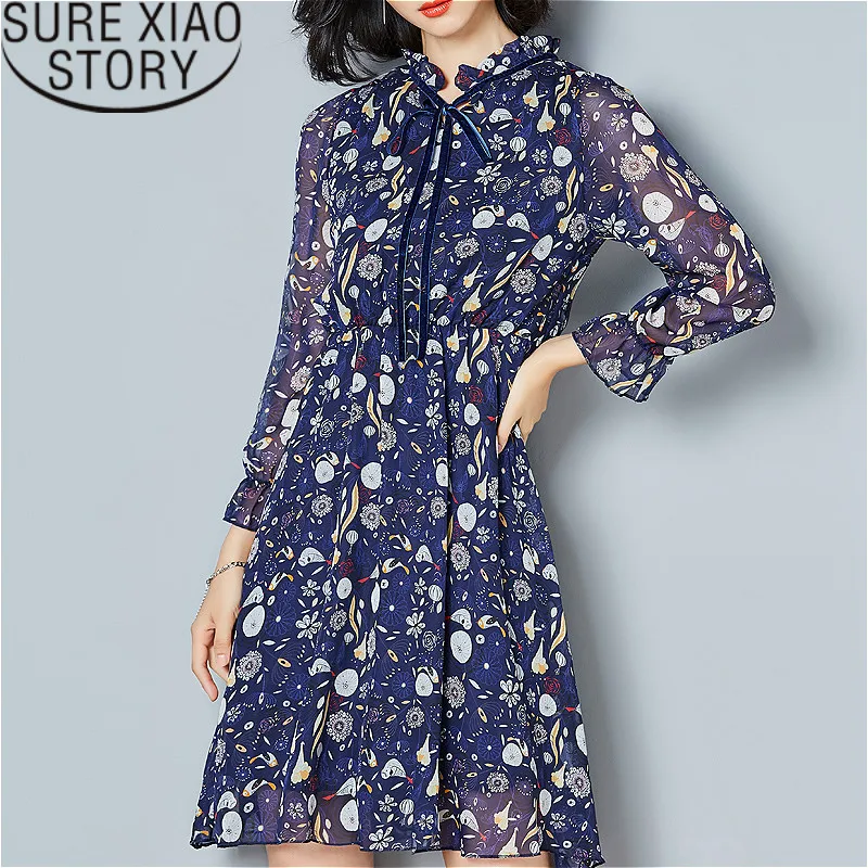 

dress women 2019 Women's Bow Temperament Print Slim Fit dresses Chiffon Floral dress women Casual Middle waist 2338 50