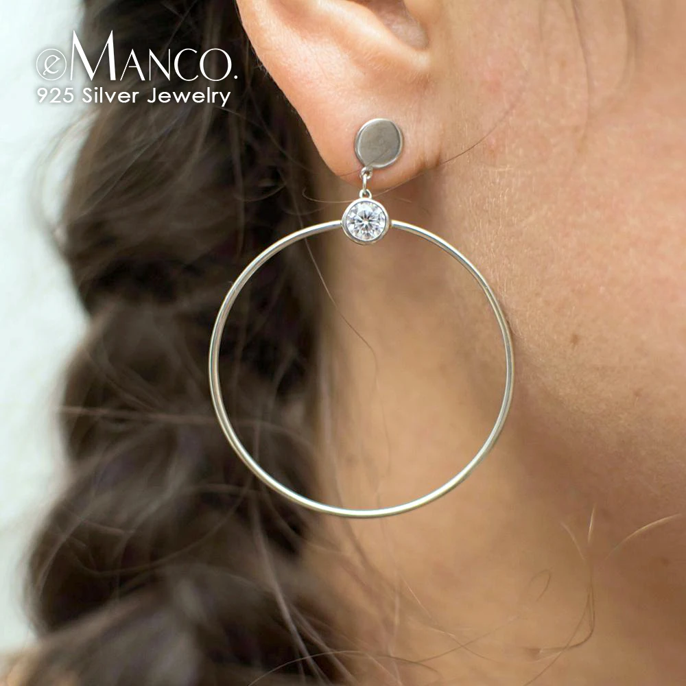 

e-Manco 925 Sterling Silver Earrings Geometric Big Round Simple Fashion Earrings for Women Big Hollow Drop Earring Fine Jewelry