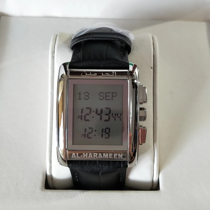 

Azan Watch for All Muslim 100% Original Islamic Muslim wristwatch with Leather box Mosque Prayer Time Clock 6208 Silver