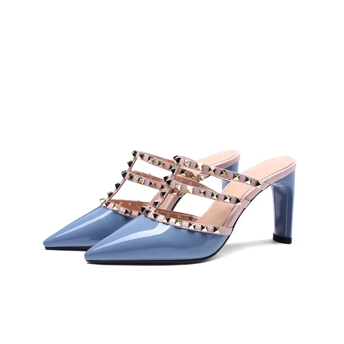 Meotina/Летняя обувь без задника; женские шлепанцы; обувь на высоком каблуке в необычном стиле из натуральной кожи; обувь для вечеринок с заклепками и вырезами; 33-43 - Цвет: Синий