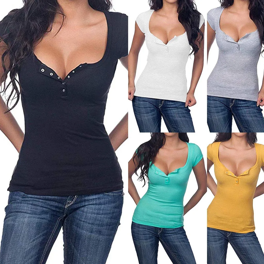 

Womens V Neck Henley Shirts Short Sleeve Solid Button Down Basic Tops Tees