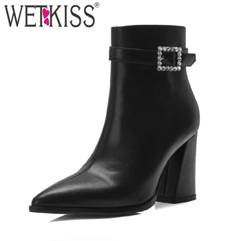 

WETKISS Winter Women Ankle Boots Pointed Toe Zip Crystal Footwear High Heels Leather Female Boot Party Shoes Women 2018 New