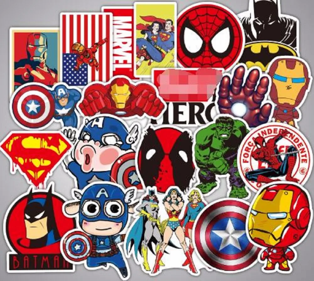 HOT 50 Pcs/Lot Stickers For MARVEL Super Hero DC For Car Laptop Notebook Decal Fridge Skateboard Batman Superman Hulk Iron Man