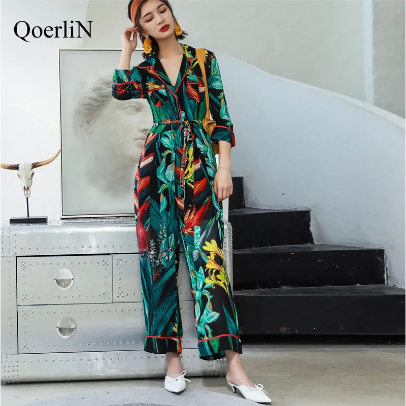 QoerliN Summer New Jumpsuit Female Holiday Printing High Waist Loose Long Trousers Chiffon One-Piece Wide-leg Overalls Women Hot Jumpsuits and Playsuits