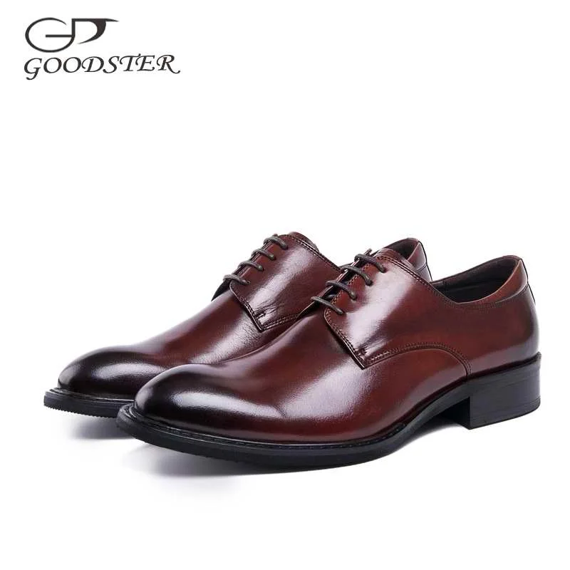 

Goodster Genuine Leather Solid Black Brown Lace Up Pointed Toe Quality Mens Formal Dress Business Wedding Shoes GSTD018