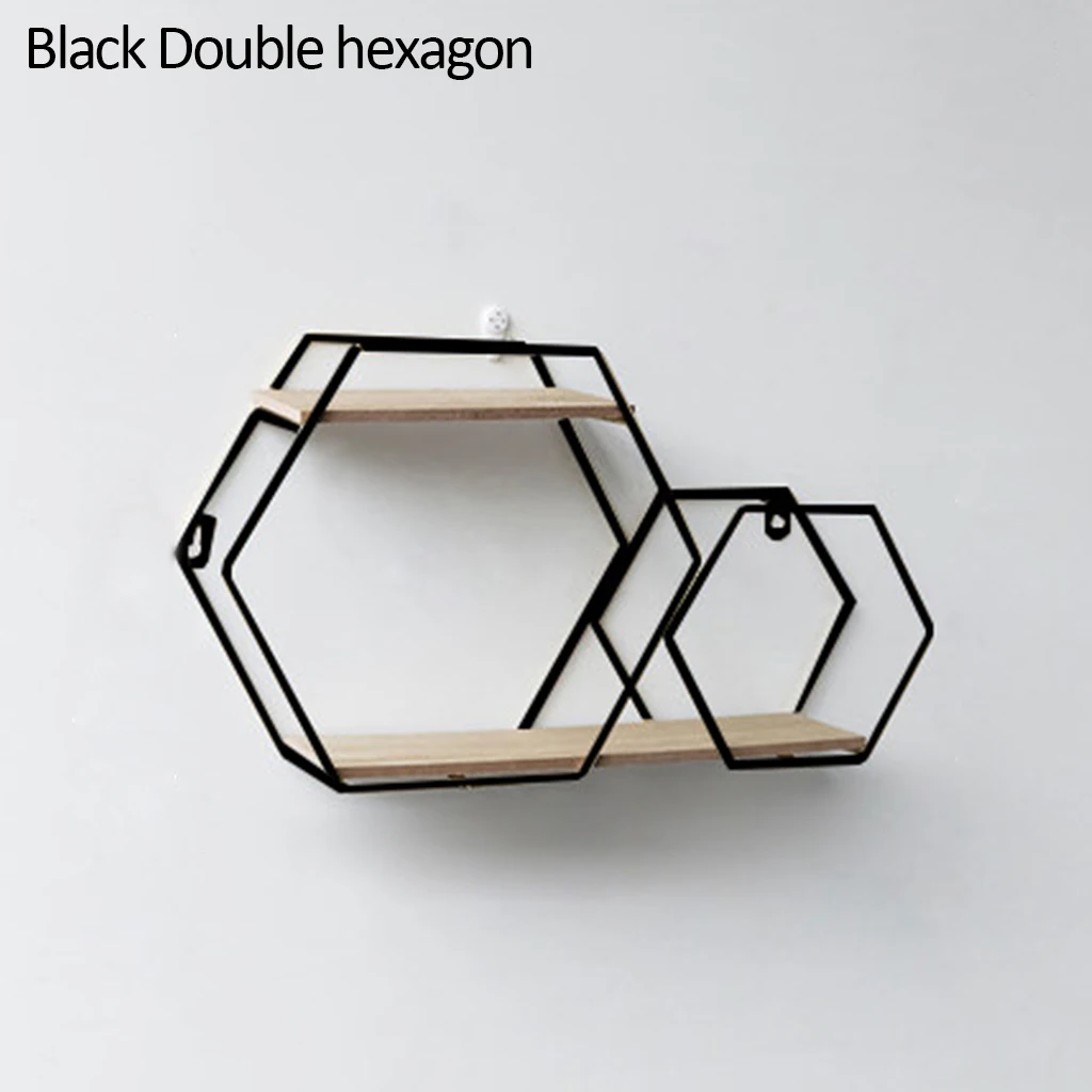 Wooden Iron Wall Shelf Hexagon Geometric Storage Rack Hanging Organizer For Kitchen Bathroom Nordic Home Decoration Holder J19 - Цвет: Black Double Hexagon