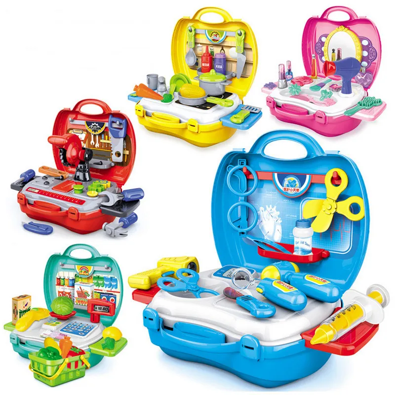 Pretend Play toys Children simulation kitchen cooking tableware dressing cash register suitcase doctor Kids Plastic toy set