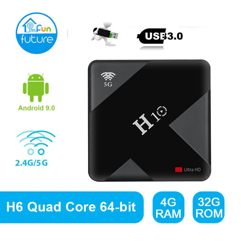 

H10 Smart TV Box Allwinner H6 Android 9.0 2.4G 5G WiFi USB 3.0 HDMI 2.0 Set Top Box Support 6K HDR H.265 4G+32G/64G Media Player