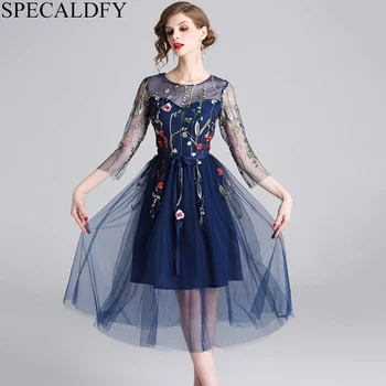 

Spring Summer Dress 2020 High Quality Fashion Floral Embroidery Dresses For Women Transparent Sexy Vintage Dress Ball Gown Robe