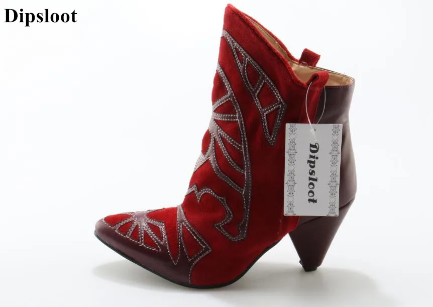 

Dipsloot Woman Fashion Embroidery Pointed Toe Woman Ankle Boots Spikes Heels Runway Dress Shoes For Ladies Slip-on Short Boot