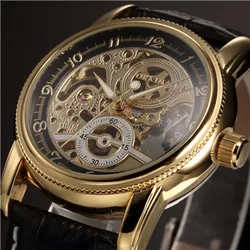 Luxury Golden Skeleton Mechanical Steampunk Men's Wristwatch with Leather Strap (Gold Black)