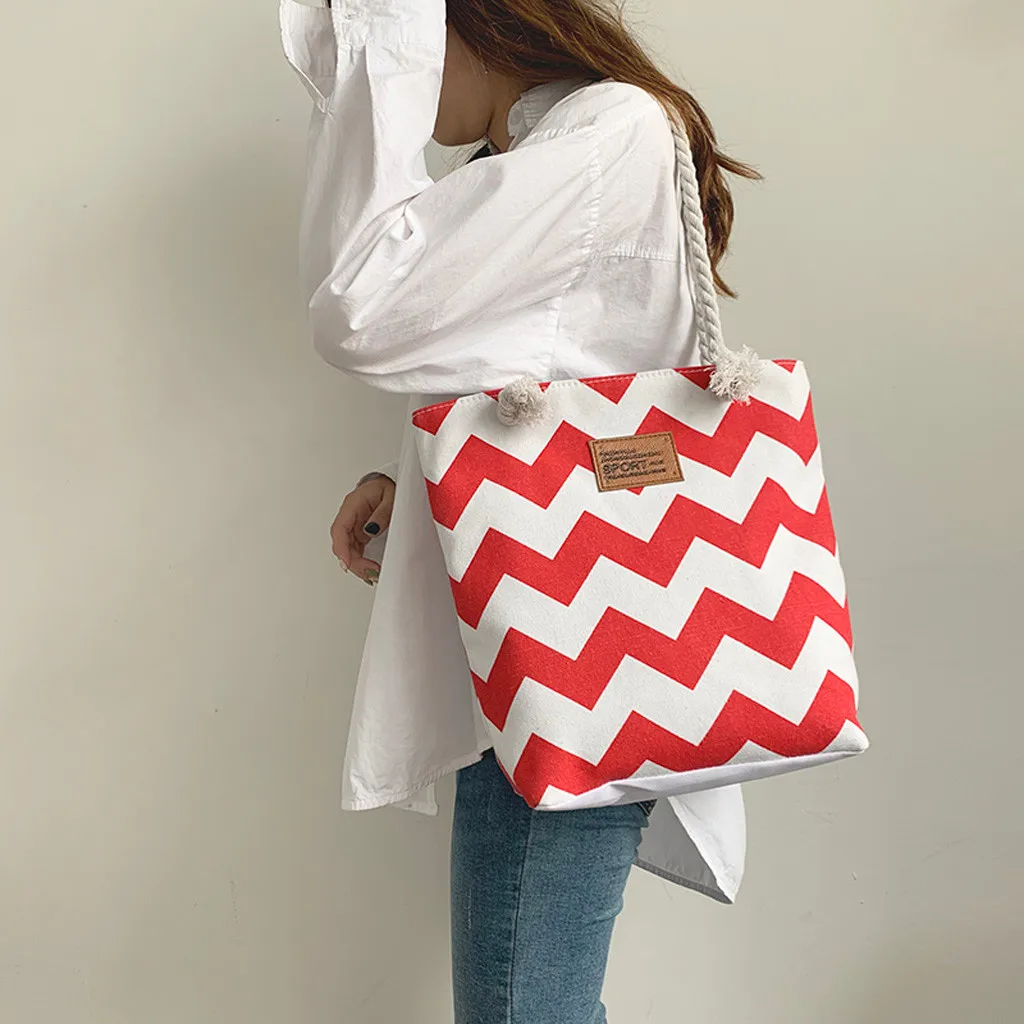 New Casual Women Striped Large Capacity Tote Canvas Shoulder Bag Shopping Bag Beach Bags Casual Tote Bolsa Feminina#H10