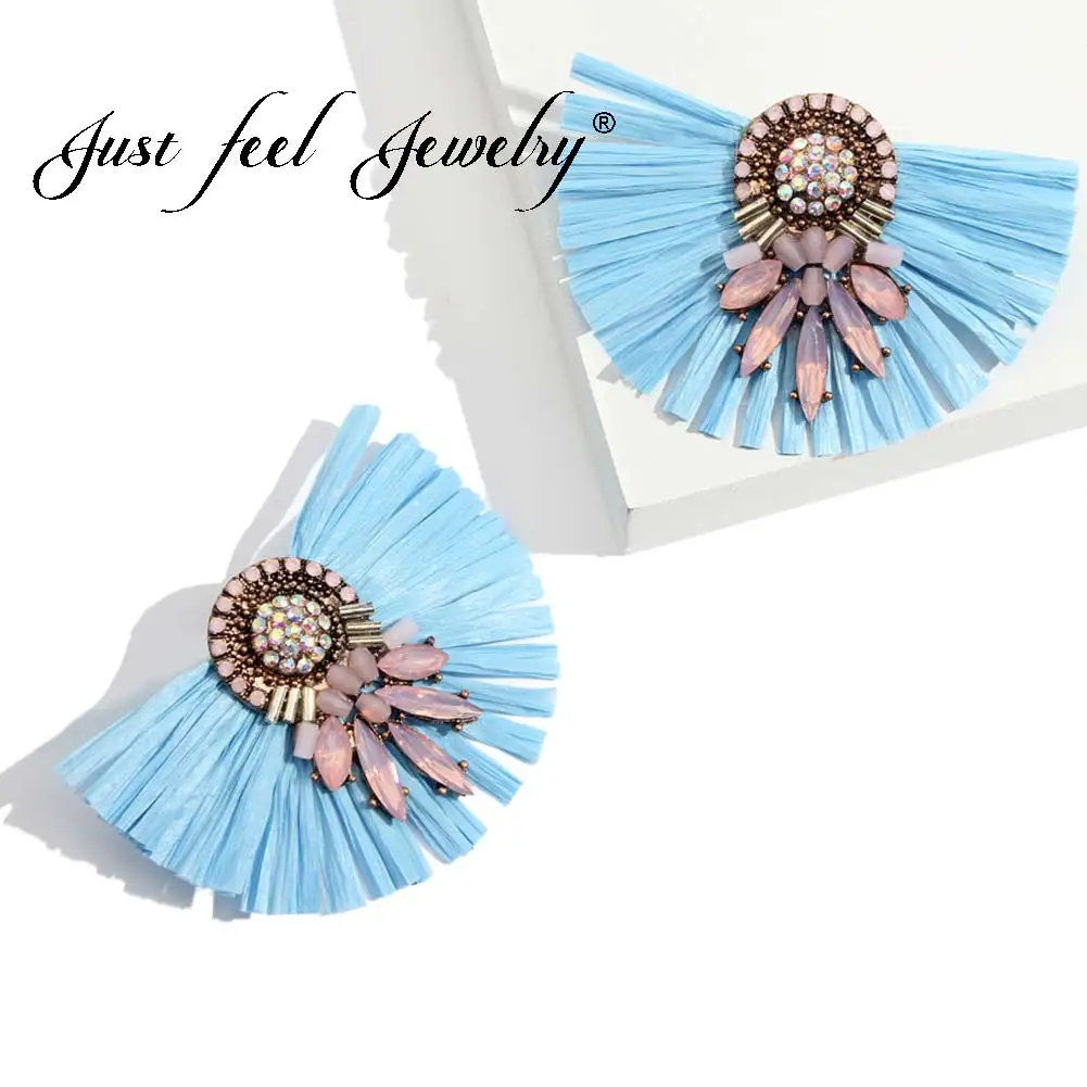 

JUST FEEL Raffia Fashion Crystal Stud Earrings For Women Colorful Flower Tiered Light Weight Statement Earring Handmade Jewelry