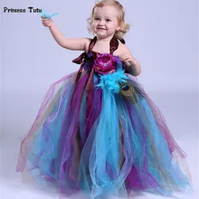 От 2 до 14 лет платье-пачка с павлином для девочек Длинное Пышное фатиновое платье-пачка Детские праздничные платья с перьями и цветами для девочек на свадьбу, день рождения