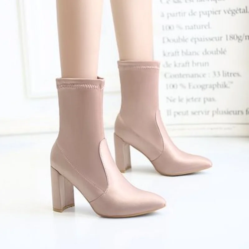 

MoBeiNi pointed thick high heel Martin boots female mid-calf riding equestrian pointed toe super high spring autumn silk sweing