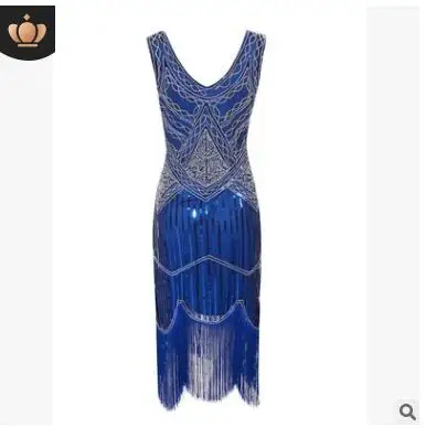 LADIES FRINGE FLAPPER SEQUINED FANCY DRESS SLEEVELESS ADULT CHARLESTON COSTUME THE GATSBY 1920'S 1930'S - Цвет: Синий