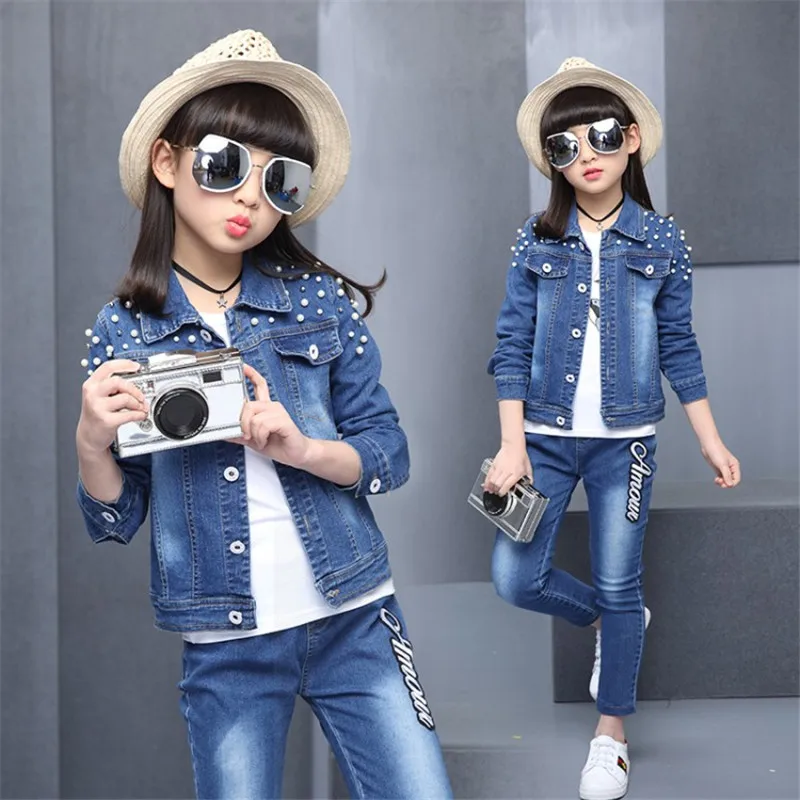 

BBZAI Toddler girls hiphop Nail bead Jeans Long sleeve Set Embroidery cowboy Children's Casual Suit Kids 3ps Clothing Jeans jack