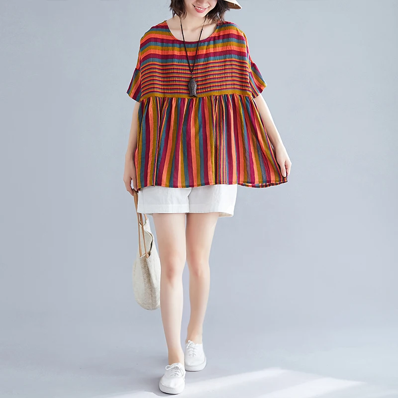 

2019 New Summer Cute Women Shirts Loose Striped Cotton And Linen Dollp Students Blouse Shirt Orange Green Navy 8135