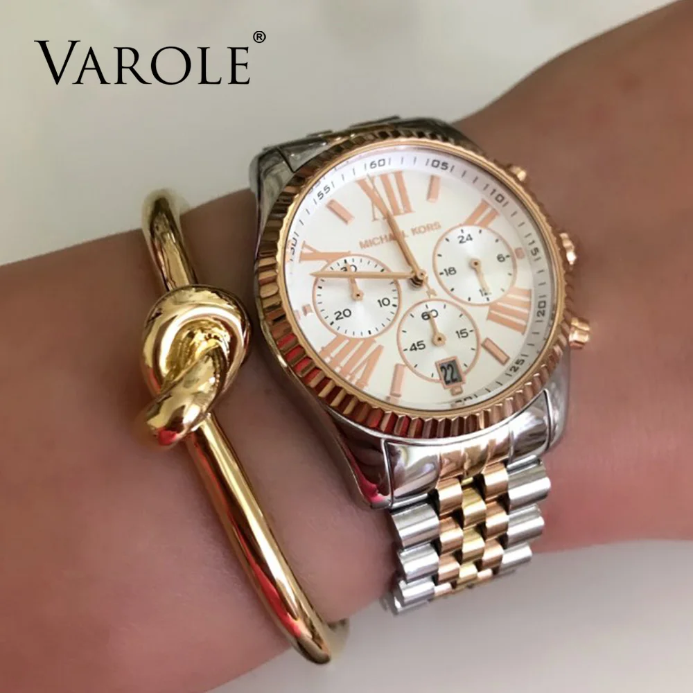 Goedkoop VAROLE Elegante Knoop Koperen Armbanden en Armbanden Gouden Kleur Open Bangle Gift Pulseiras Feminina Manchet Armbanden Voor Vrouwen