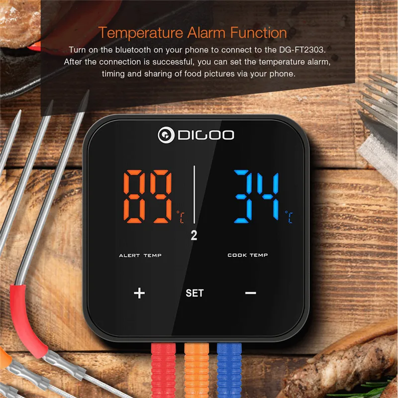 Digoo DG FT2303 трехканальный умный термометр Bluetoorh для барбекю, Кухонный Термометр для приготовления пищи+ Температурный Зонд из нержавеющей стали