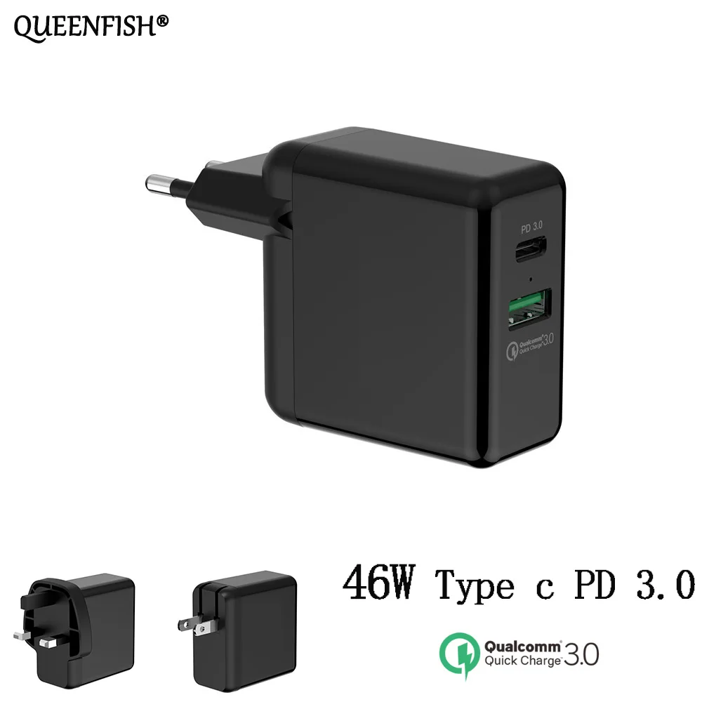 QUEENFISH 2 порта 46 Вт USB PD зарядное устройство samsung type C дорожная настенная Быстрая зарядка для huawei QC 3,0 USB C Быстрая зарядка iPhone MacBook