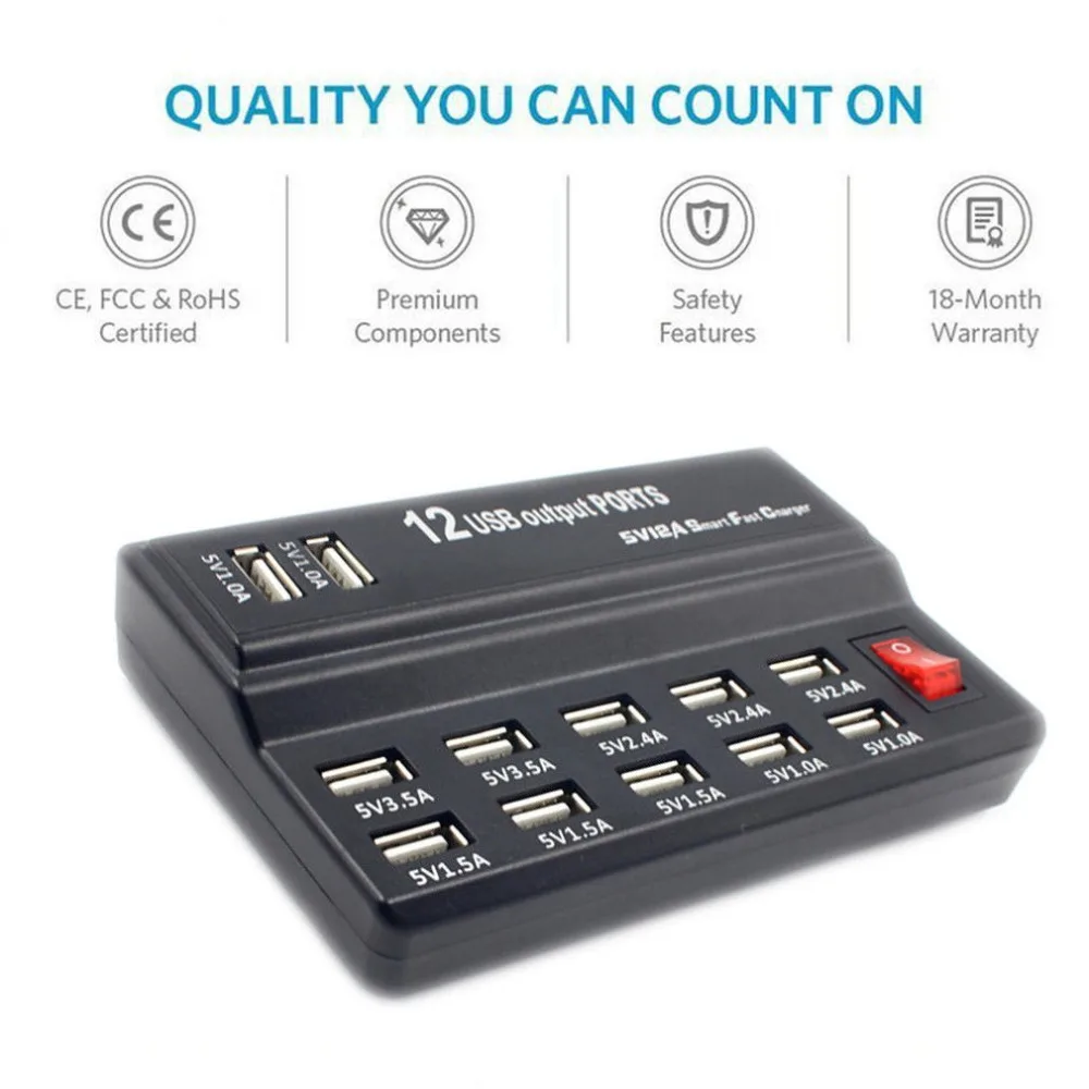 

Fast 12 Port Multi USB Charging Station 12A Power Adapter with Safe Protection