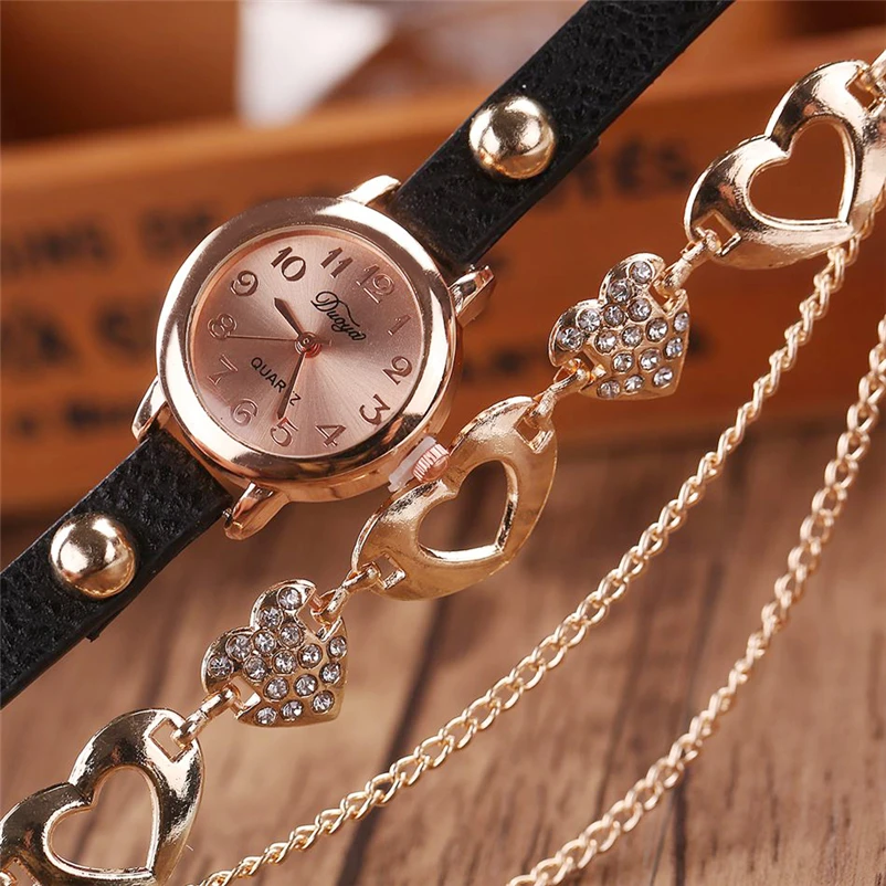 Duoya роскошные часы для женщин Мода Любовь Роскошная цепочка кулон Роза браслет наручные часы Женское платье кварцевые часы популярный бренд часы