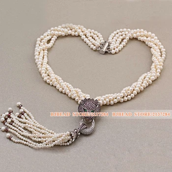 

Fantastic Multi Twisted Strands Natural White Freshwater Pearl Beads Necklace With Purple Leopard Rhinestones And Tassel Pendant