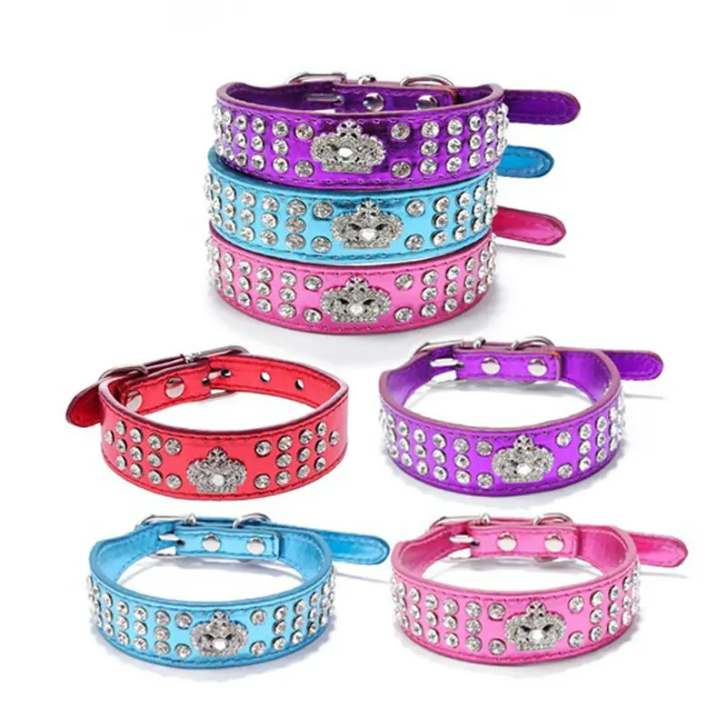 New PU three rows crystal diamond Dog collar With diamond Crown dog