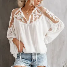 2019 Chiffon Blouses V-Neck Casual Lace Mesh Stitching long sleeve Women's Lanern Sleeve Blouses