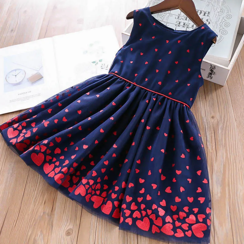 

2019 Summer Girls Printed Love Sleeveless Yarn Dress Wholesale Children's A-line Dress