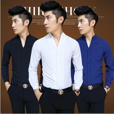 

2018 Nightclub Men's Work Shirt Solid Color , Fashion V-neck White Mens Shirts , High-quality Hotel Waiter Slim Shirt Men