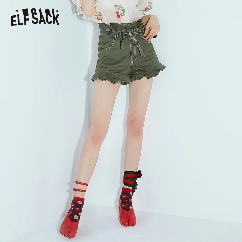  ELFSACK Army Green Casual Cargo Shorts Women 2019 Summer Mid Waist Hot Short Femme Bottoms Fashion 