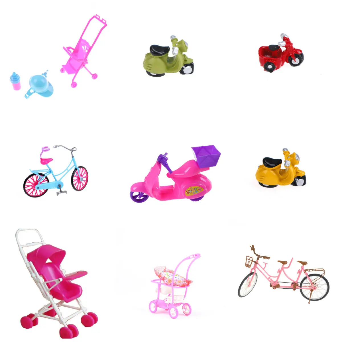 

Hot Sale Style Plastic Stroller Car Toy Plastic Car Toy For Doll Dollhouse Miniature Furniture Plastic Stroller Bike Motorcycle