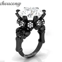 Choucong 5ct anillo Joyería de Las Mujeres Punk Cráneo de La Vendimia de diamantes Simulados Cz Negro Gold Filled Engagement Wedding band Anillo de halloween