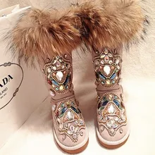 Новинка; Сезон Зима; ручная работа; Роскошные сверхпрочные стразы; тотемные зимние сапоги с мехом; обувь из лисьего меха; импортные товары; большие размеры; сапоги для верховой езды