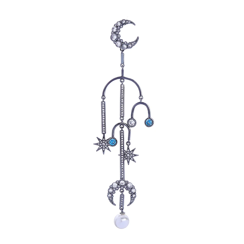

HuaZ Europe and America Long section Exaggeration Creative Star Moon Zircon Pearl Pendant earrings