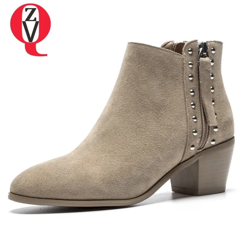 

ZVQ 2018 winter new fashion round toe high spike heels heel height 6 cm cow suede women shoes zipper rivet outside ankle boots