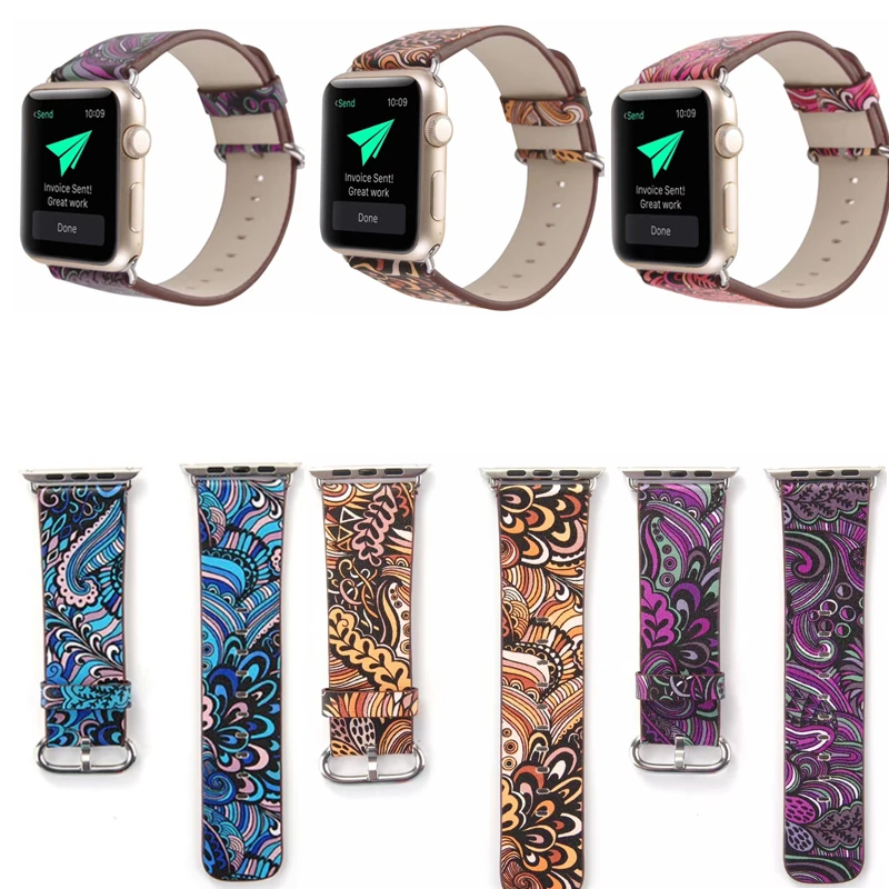 

National Printed Leather Wristband 42mmm Strap for Apple Watch Band 38mm Series 4/3/2/1 Flower Bracelet for iwatch 4 3 2 1
