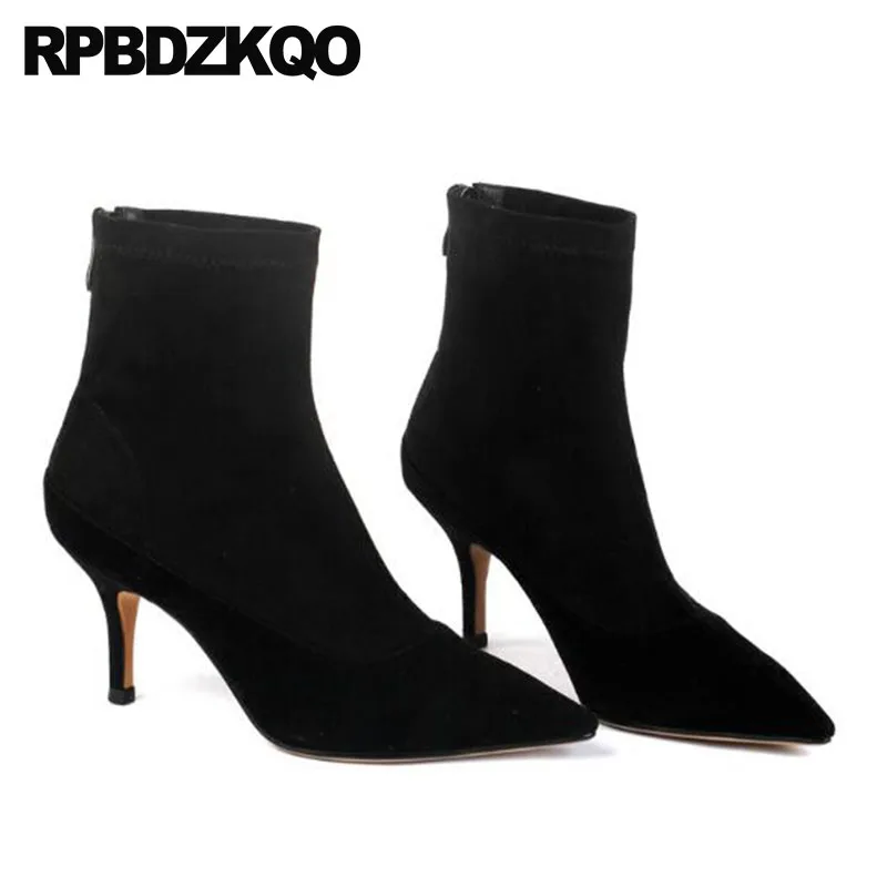 Negro Oveja De Piel Zapatos Dedo Punta Genuino Mujeres Stiletto Otoño Marca Las Del Suede Invierno 2018 Cuero Alto Corto Pie Tacón rqwrd5Ef