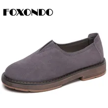 FOXONDO2018 осенние женские туфли на плоской подошве женские лоферы без застежки на плоской подошве замшевые кожаные туфли ручной работы резиновые водонепроницаемые туфли черные oxfords1702