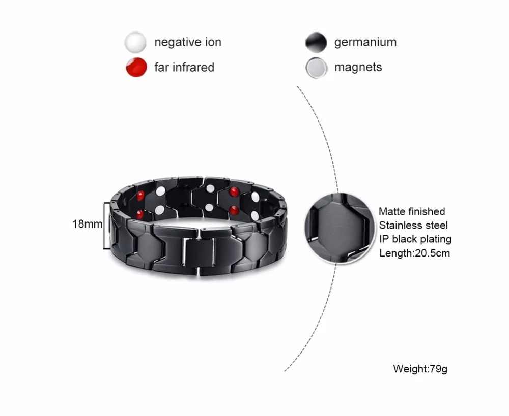 Мужской био магнитный браслет из нержавеющей стали браслет энергии здоровья в черном