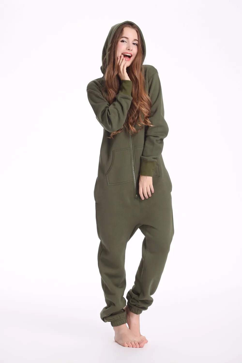Online Nordic Weise Armee Grün Ein Stück Overall Hoodies Fleece Zip Frauen Männer Strampler