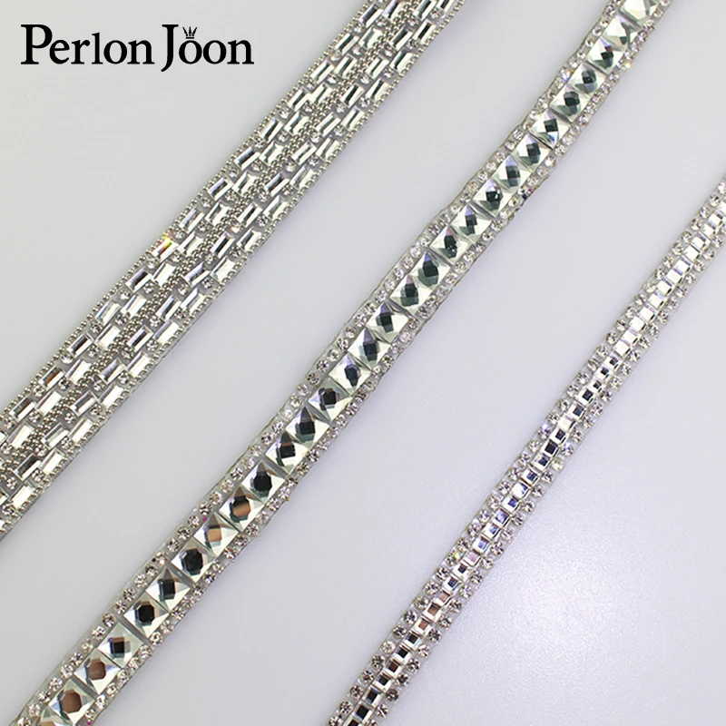 

1 yard white glass sequence Motif crystal RhinestoneTape trim Hot Fix ribbon Iron On Appliques for Dress shoe adornment TR006