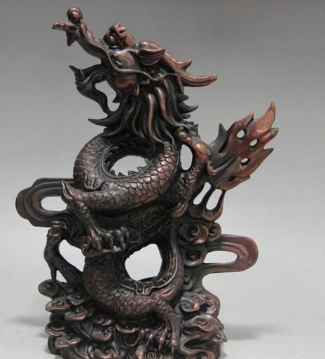 

xd 002539 Chinese Myth folk red bronze Copper Feng Shui lucky Dragon god Beast Art Statue