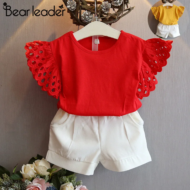الدب زعيم الفتيات مجموعة ملابس 2019 الصيف الاطفال ملابس فتاة منعش مخرمة كم أعلى + بانت 2 قطعة مجموعة ملابس الأطفال