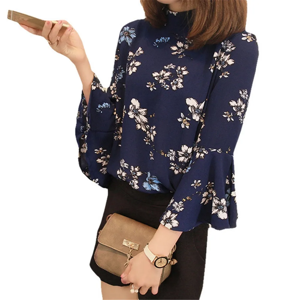 

2018 Korean Fashion flower print chiffon blouse women shirt summer Office ladies top Flare Sleeve plus size blouse chemise femme