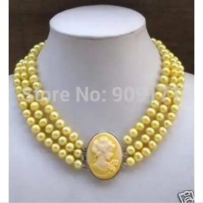 

EDRY556 UJU BEAUTY WOMEN Free Shipping>>3Row Yellow Pearl Necklace Cameo Beauty Clasp