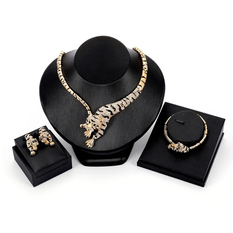 

1 Set Necklace Earrings Bracelet Bride Wedding Women Jewelry Gold Tiger Pendant