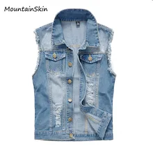Новинка года Винтаж дизайн Для мужчин; джинсовый жилет мужской Slim Fit Куртки без рукавов Для мужчин бренд отверстие джинсы жилет плюс Размеры S-6XL, LA035